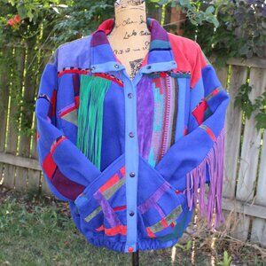 Vtg SFR Santa Fe Re-Creations MultiColor Patchwork Fringe Snap Jacket Women's M